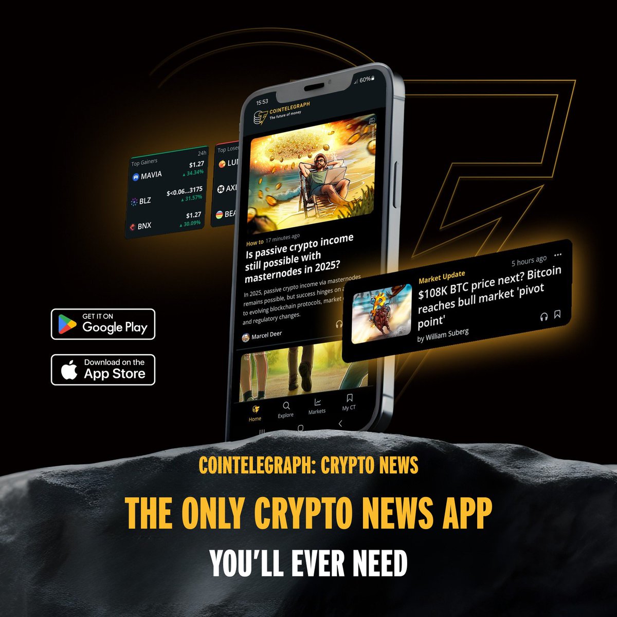 The fastest, easiest way to keep up with everything crypto, from breaking  news to spiking prices... the Cointelegraph app, now available on Android  and iOS. Links in the replies! 👇