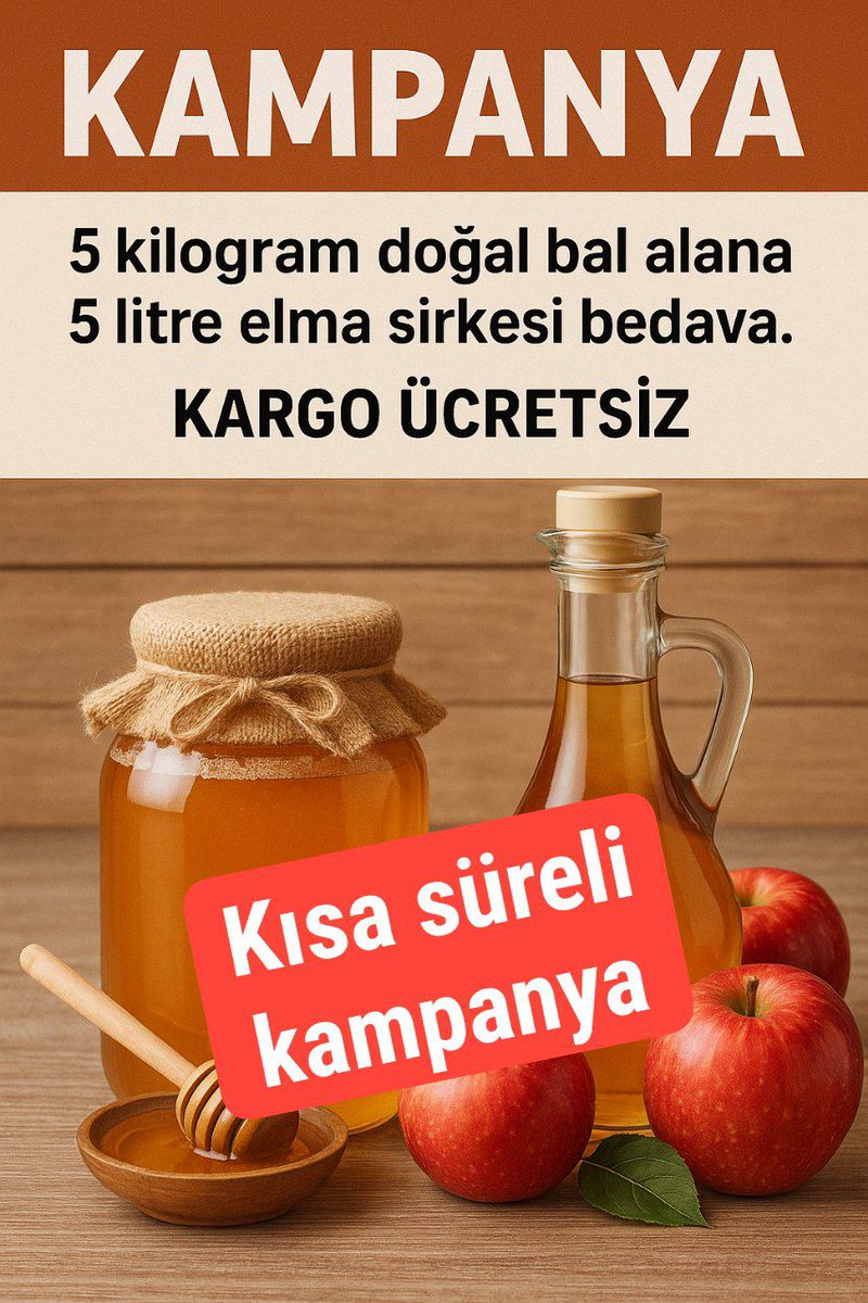 Kısa süreli kampanya.
5 kilogram doğal çiçek balı alana 5 litre elma sirkesi bedava kargo ücretsiz.