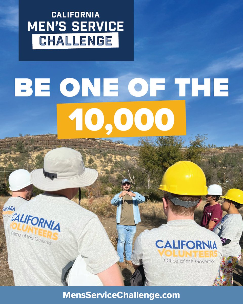 CalVolunteers's tweet photo. Take the California Men’s Service Challenge 💪🏽
We’re calling on 10,000 men to serve as mentors, coaches, tutors, &amp; community leaders — finding purpose through service &amp; strengthening CA together. 🌟

➡️ Sign up: https://t.co/QiSs4Ts9dE

#MensServiceChallenge #CaliforniansForAll https://t.co/8gTy2AXUv6