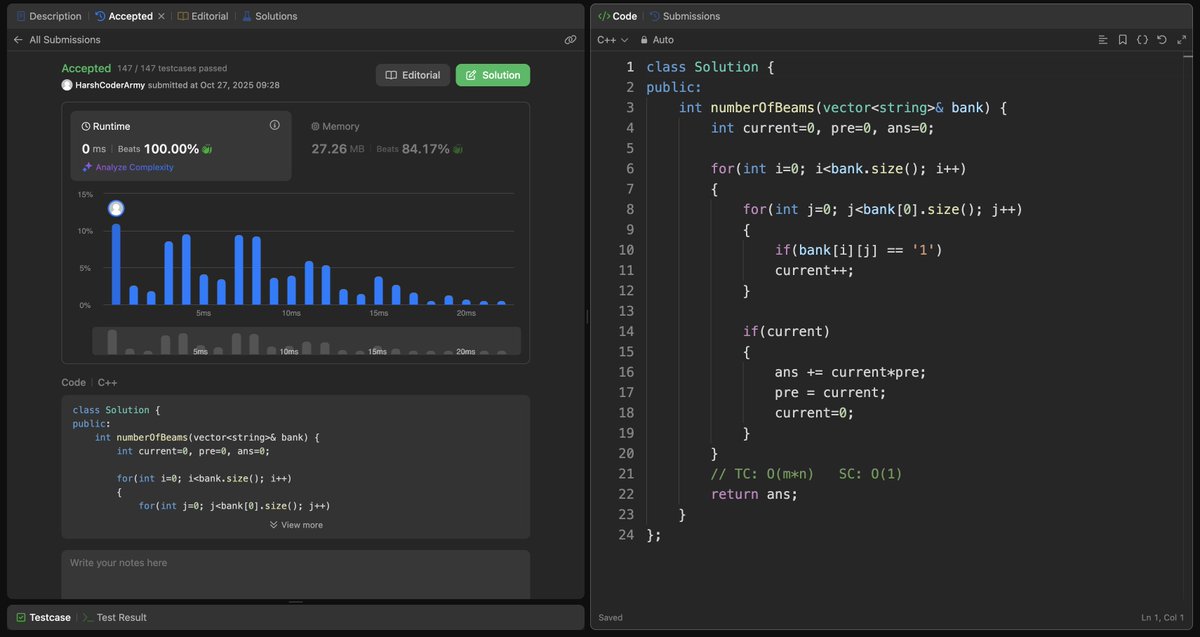 HarshJain_Coder's tweet image. Day 56 & 57 – #100DaysOfCode
Recursion + OOP combo 😵💫
• Printed binary numbers where 1s >= 0s
• Started OOP – made Bank, Car & Laptop classes (OOP vibe 🔥)
• LeetCode revision: Max Product of Word Lengths
• POTD: Laser Beams in a Bank
DSA grind mode ✅
#CPlusPlus #DSA