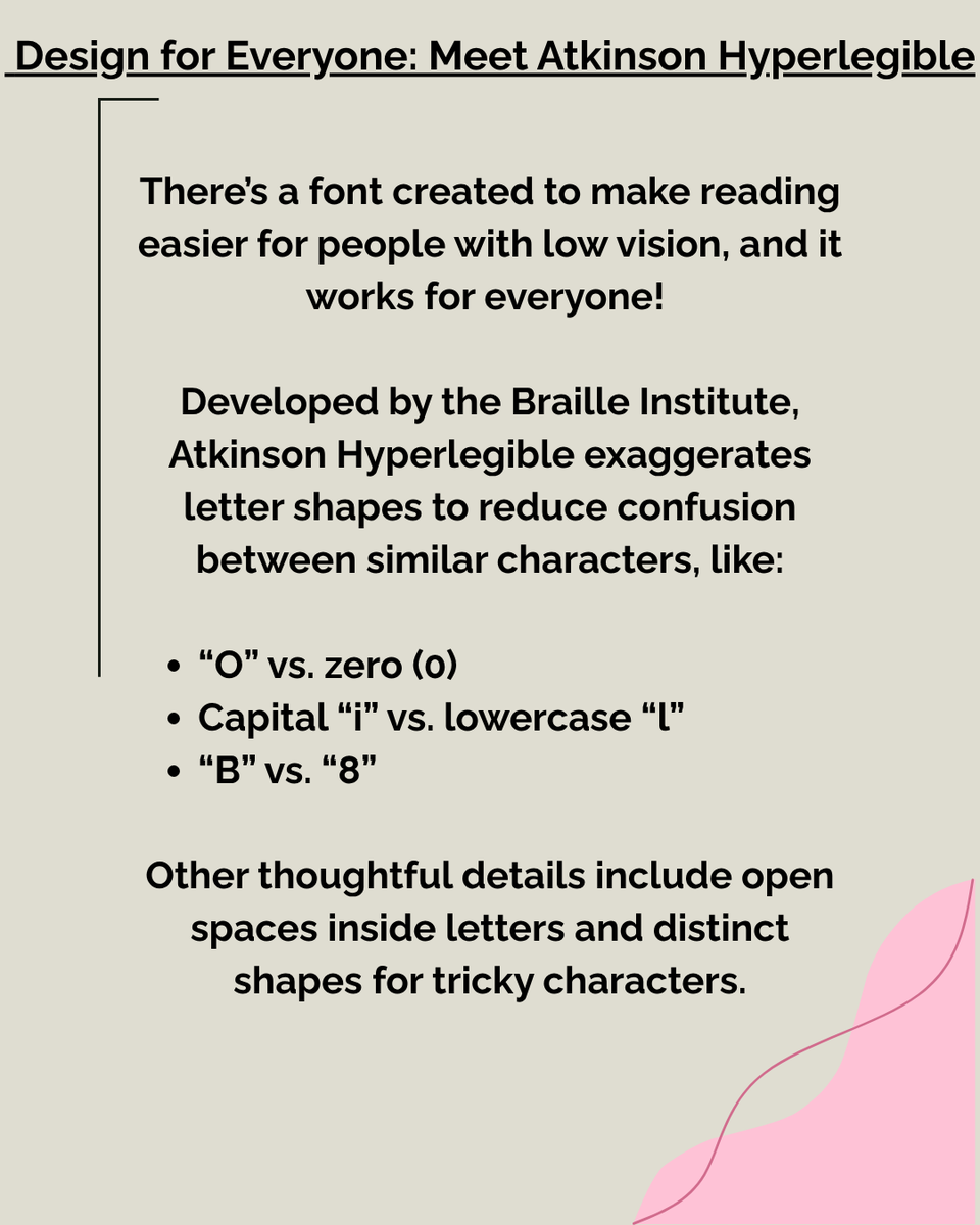 DRArkansas's tweet image. Next time you design something, consider this font. Because clarity is inclusive design.
Learn More:
🔗brailleinstitute.org/freefont/

#Accessibility #InclusiveDesign #LowVision #DyslexiaFriendly #AtkinsonHyperlegible #DesignForAll