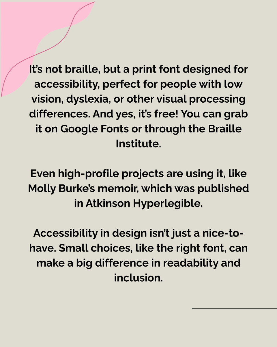 DRArkansas's tweet image. Next time you design something, consider this font. Because clarity is inclusive design.
Learn More:
🔗brailleinstitute.org/freefont/

#Accessibility #InclusiveDesign #LowVision #DyslexiaFriendly #AtkinsonHyperlegible #DesignForAll
