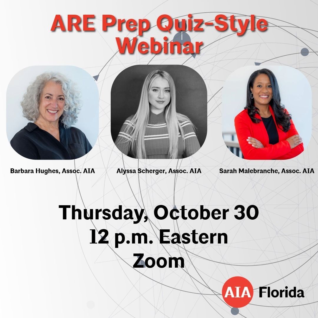 AIA Florida is offering quiz-style prep templates to help emerging professionals tackle the PcM and  PjM exams.

Join us to learn how to make the most of thesetools and boost your ARE prep. 

Oct. 30, at 12 p.m. Eastern, via Zoom. Register here buff.ly/0EMVQz3