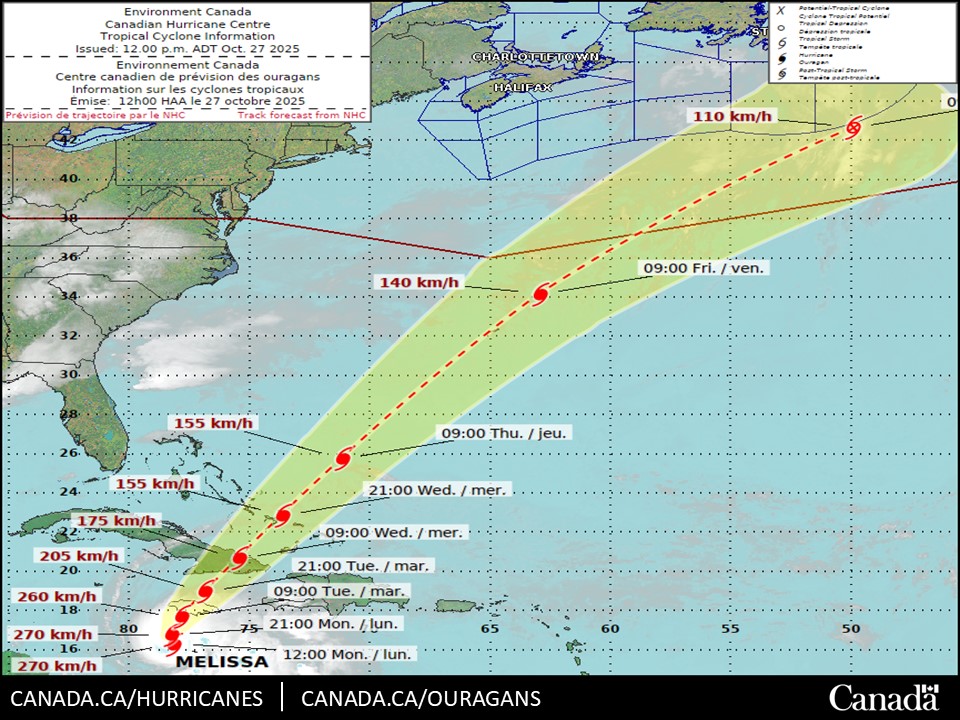 ECCC_CHC's tweet image. We are currently monitoring the progress of major hurricane Melissa in the Caribbean. Although direct impact is not expected in Canada at this time, moisture from the remnants of Melissa could contribute to some enhanced rainfall over parts of Atlantic Canada late this week.