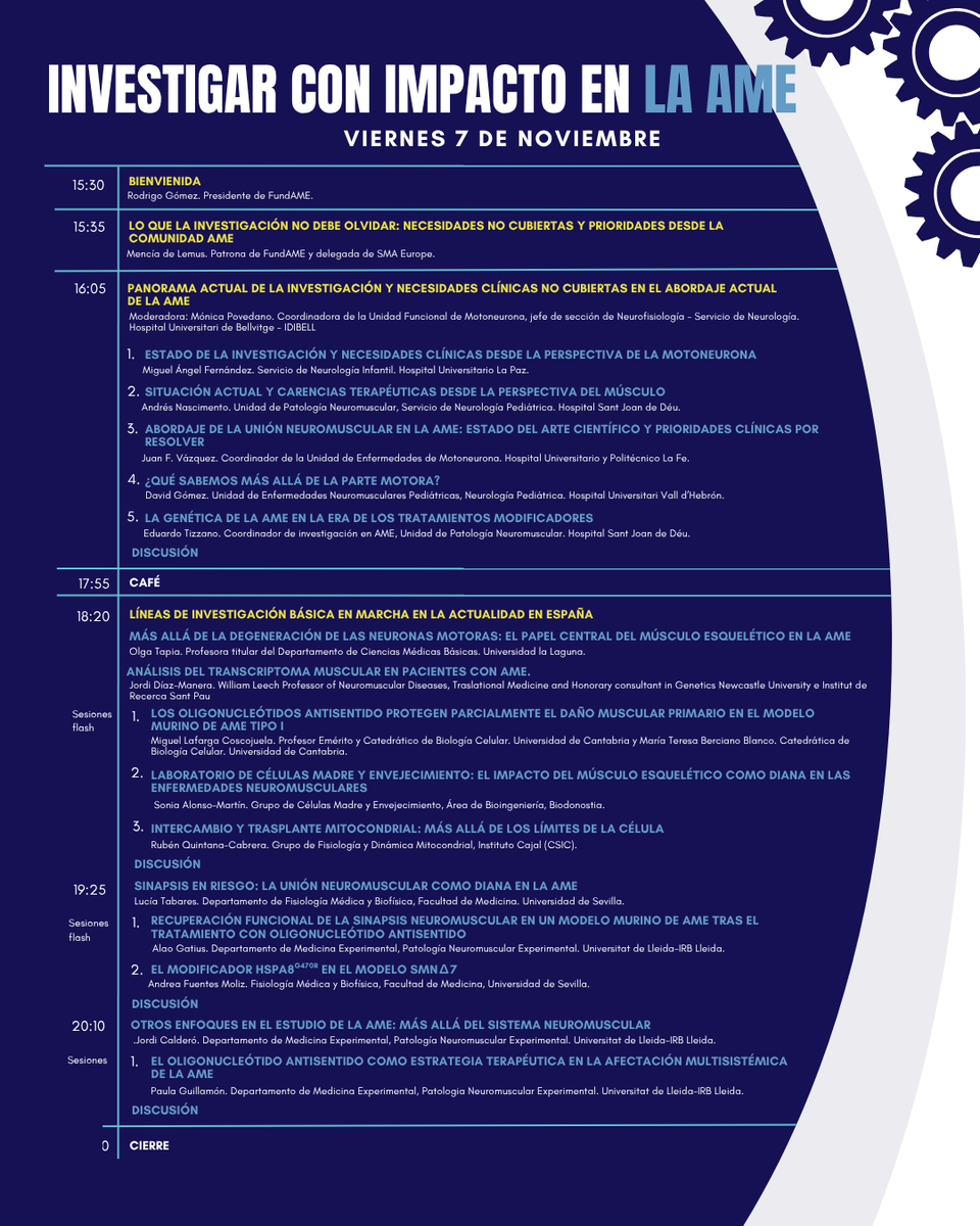 2️⃣
Esta reunión multidisciplinar busca analizar el panorama actual de la investigación y fomentar proyectos traslacionales que respondan a las necesidades reales de las personas con AME.
📄 Conoce el programa completo 👉 fundame.net/investigar-ame
#InvestigaciónTraslacional