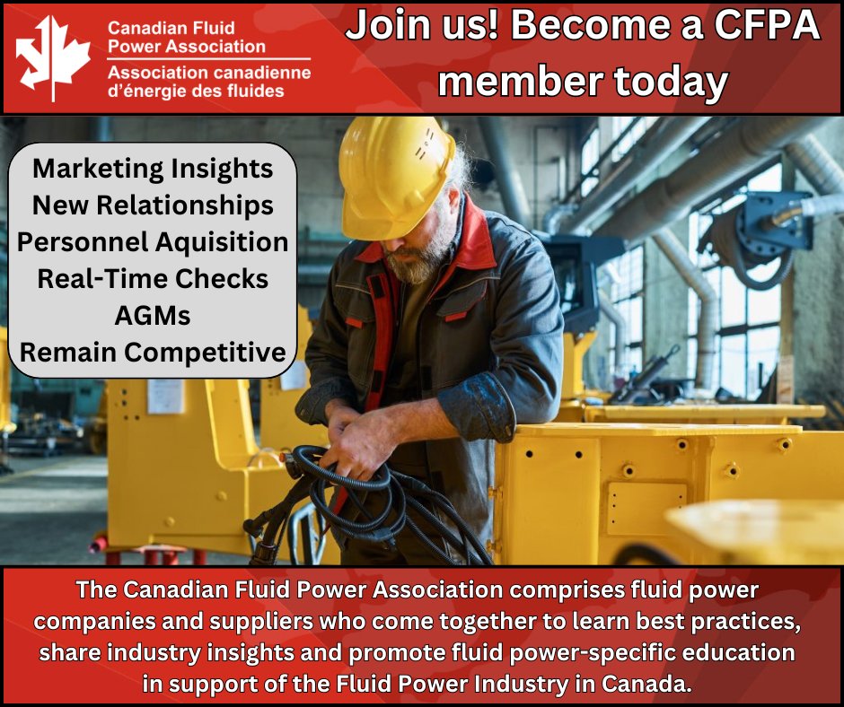 CANADIANFPA's tweet image. Become a CFPA Member today for valuable insights and resources you can't find anywhere else. cfpa.ca/join-the-cfpa/
#CFPA #fluidpower #Canada #industry #hydraulics #pneumatics #engineering #distribution #manufacturing #hoses