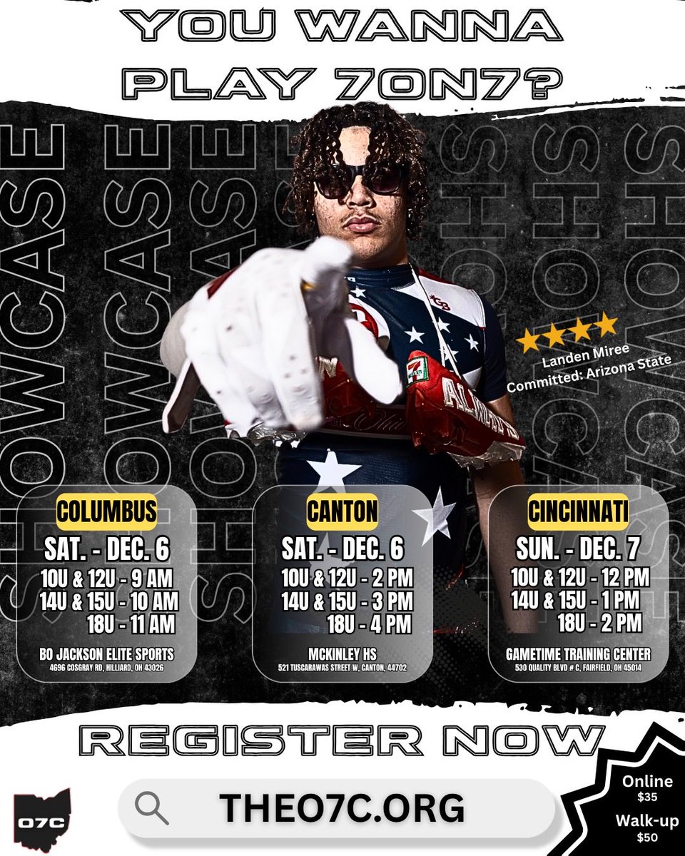 Ohio’s Premier 7on7 Football Showcases Are Here. 🔥🔥🔥🔥
Step onto the field and prove your dominance.
Join THE Ohio 7on7 Collective for the most anticipated football showcases in the state — happening across Columbus, Canton, and Cincinnati this December.

🏈 Show up. Stand
