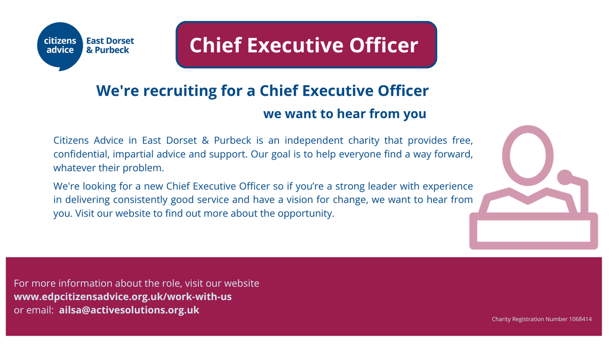 CitAdviceEDP's tweet photo. The deadline for applications to be our new CEO is the 12th November. Visit our website https://t.co/1Mb0b9rZFS for more information including how to apply.
@citadvicedorset @CitizensAdvice  #charityjobs https://t.co/Oc1ebuibBJ