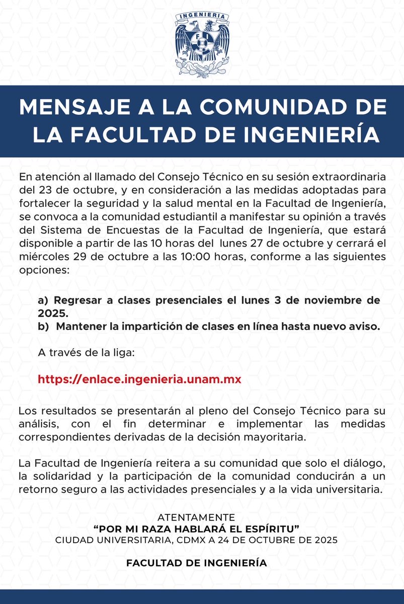 A partir de hoy, el Sistema de Encuestas de la #FIUNAM estará habilitado para que la comunidad de la #FIUNAM manifieste su opinión ⛓️‍💥enlace.ingenieria.unam.mx