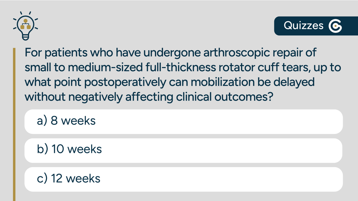 GuidelineCent's tweet image. According to the American Academy of Orthopaedic Surgeons #AAOS Postoperative clinical and patient-reported outcomes are similar for small to medium-sized full-thickness rotator cuff tears managed with early mobilization or delayed mobilization (delayed up to 8 weeks) for…