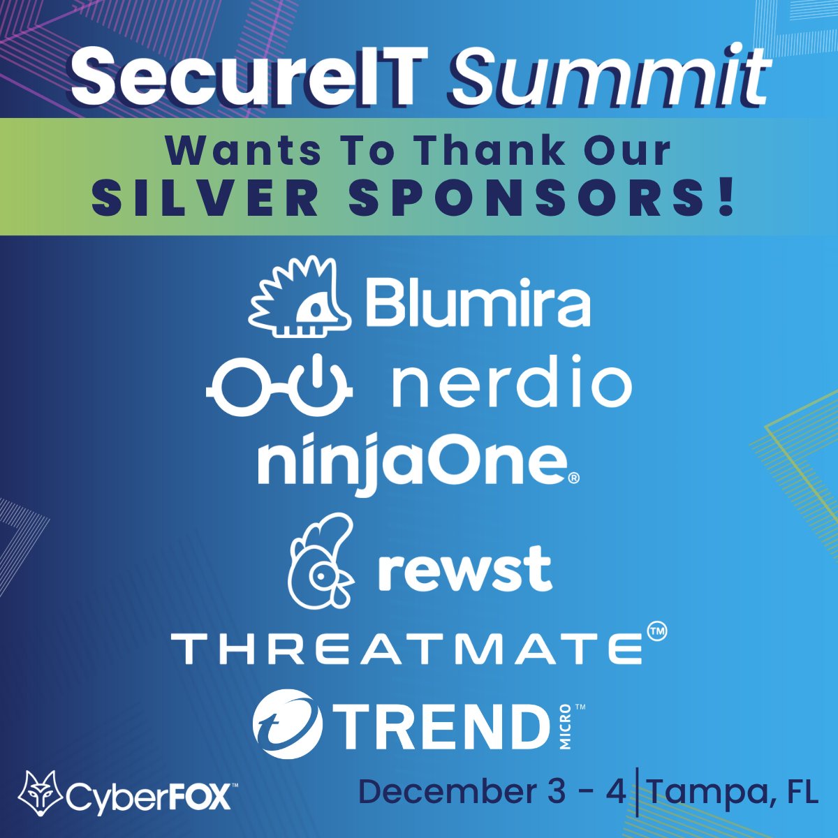 Meet our amazing Silver Sponsors for the December SecureIT Summit! We’re so grateful for their support in making our biggest Summit yet possible! 🌴🦊

🔗 Interested in attending? Request to attend here: hubs.li/Q03QfwLv0