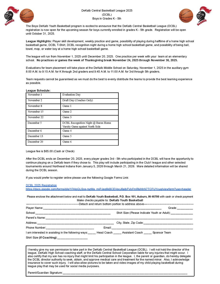 🏀 Register now for DeKalb Central Basketball League 2025! Boys in grades K–5, season runs Nov. 1–Dec. 20. $65 fee. Skills, games, &amp; halftime play at HS game! Sign up by Oct 31 👉 ow.ly/CpIy50WM12Z
