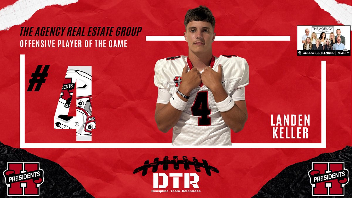 HHSPresidentsFB's tweet image. Congratulations to Landen Keller for earning Offensive Player of the Game in Week 10. Landen finished with the season with a strong touchdown run to punch it in! 

Thank you to The Agency Real Estate Group for sponsoring our players of the game recognition. 

#DTR #HonorForever