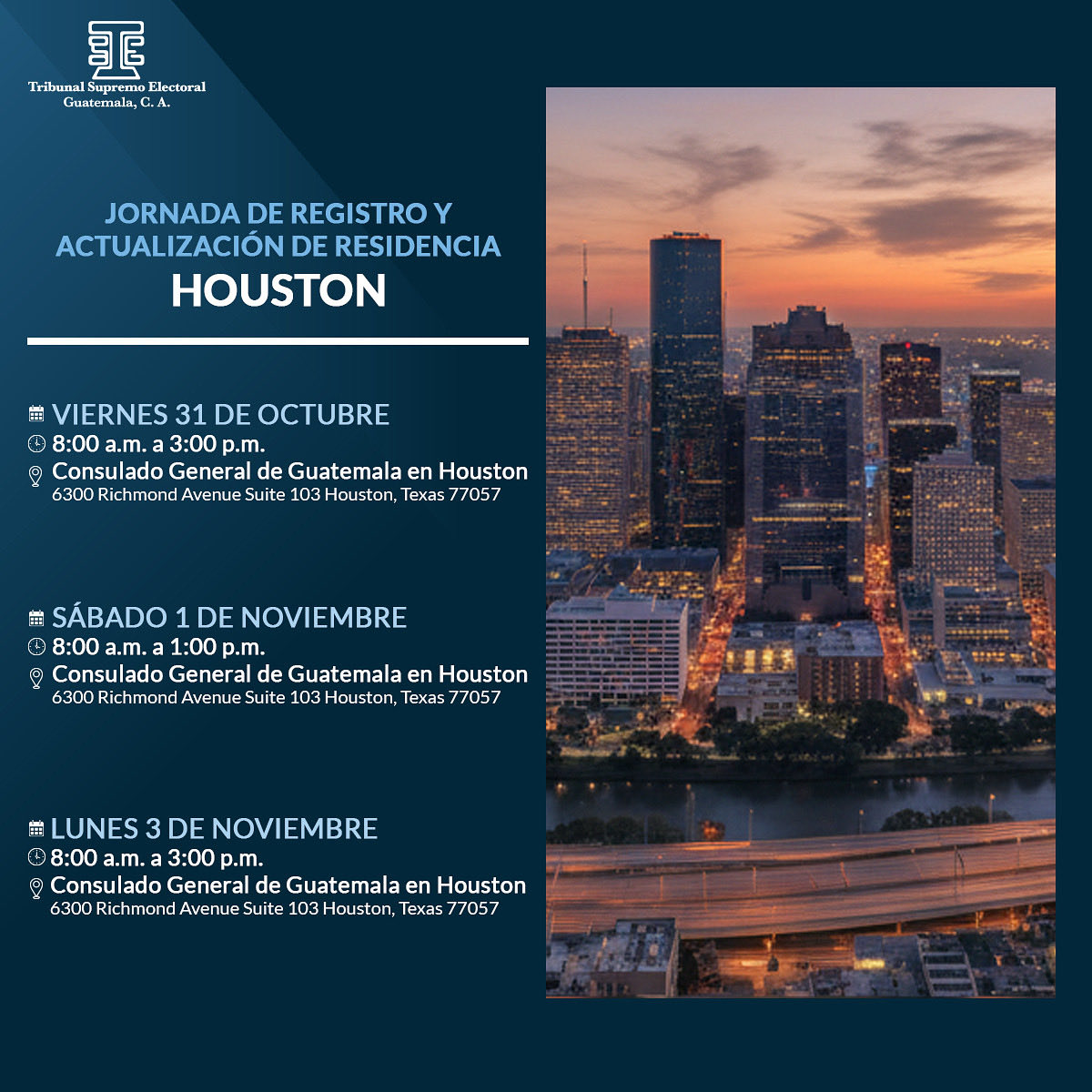 Si resides en Houston te invitamos a registrarte o actualizar tus datos para votar desde el extranjero.

Si conoces a más guatemaltecos, infórmales que pueden dirigirse a:

✅ Consulado General de Guatemala en Houston
📍 6300 Richmond Avenue Suite 103 Houston, Texas 77057
🗓️