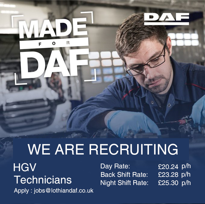 WANTED - HGV  Vehicle Technicians (Loanhead &amp; Bathgate)
lothiandaf.co.uk/about-us/vacan…
#lothiandaf #bathgate #jobs #hiring #dafdealer #vehicletechnicians