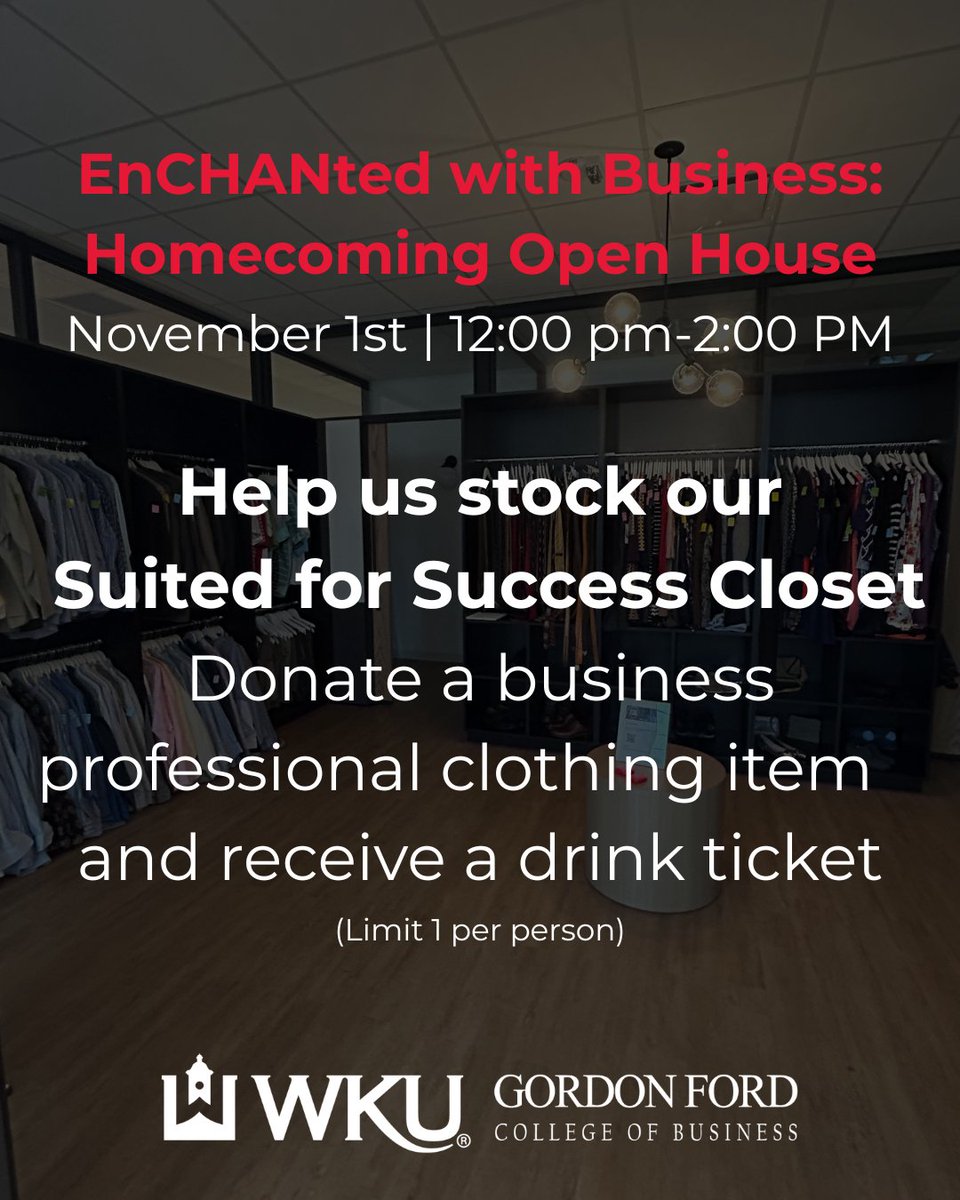 Happy Homecoming Week, Hilltoppers! We can’t wait to welcome our amazing GFCB Alumni to the EnCHANted with Business Homecoming Open House. Nov. 1st | 12:00-2:00 PM. Tour our new home, grab a sweet treat , and help stock our Suited for Success Closet.

#WKUHomecoming #WKU