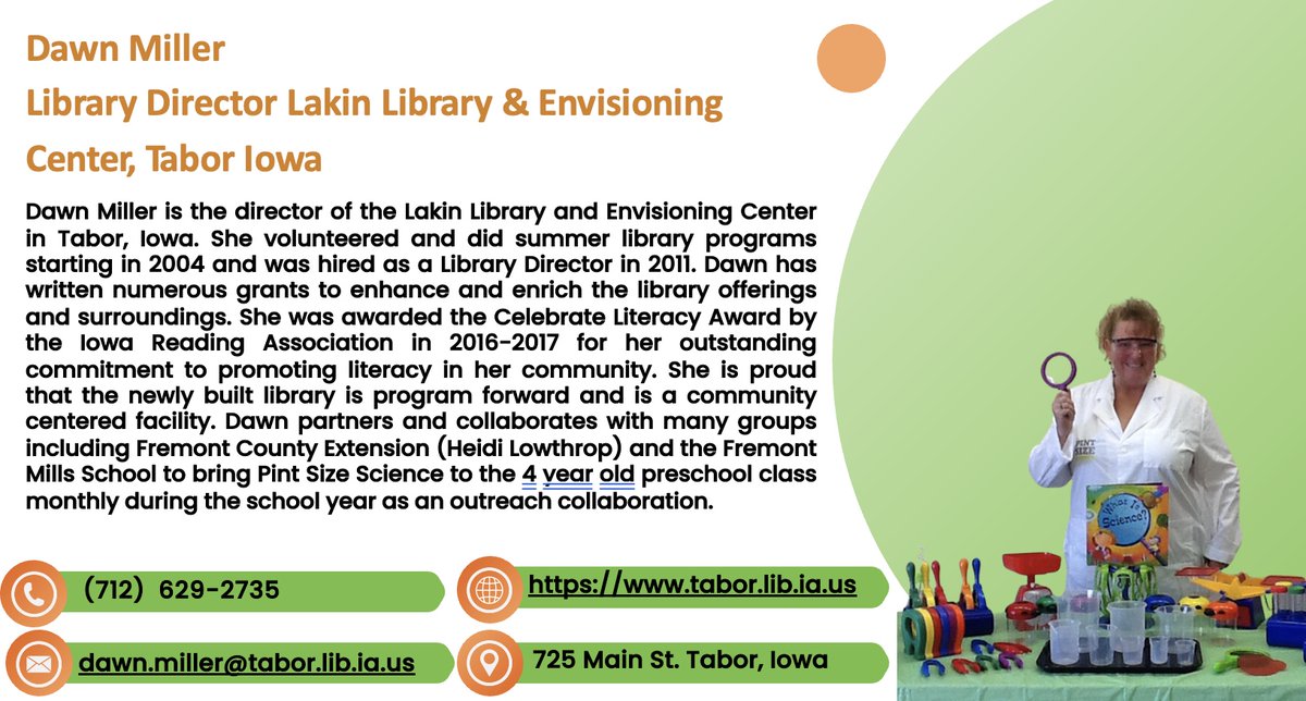 Meet Dawn Miller,
 The Library Director for the Lakin Library &amp; Envisioning Center, Tabor, Iowa!
 Dawn loves our Scale-Up Programs! Here are a few examples of how Dawn gets creative with the Scale-Up programs and implements them in her library!  visit educate.iowa.gov/iowa-stem/stem…