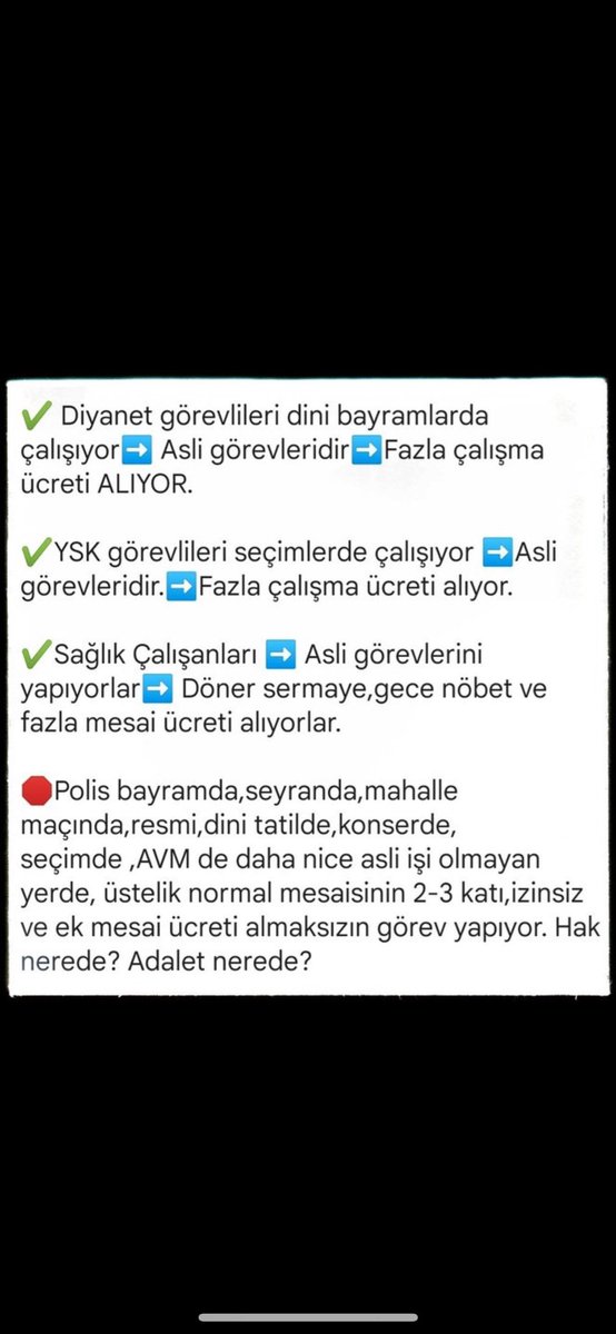 — Polislerin çalışma sistemi  Haftalık 40, Aylık 160 saat olmalıdır.

— Polisler 25 yılını doldurduğu zaman isteğe bağlı olarak Emekli olabilmelidir. #PoliseÇözüm