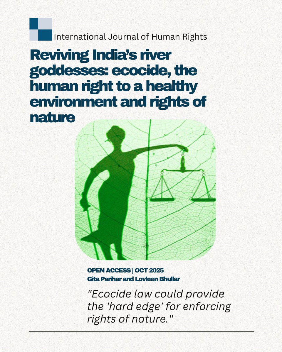 InRights's tweet image. Gita Parihar and Lovleen Bhullar explore a critical question in their latest research: Can three emerging legal frameworks—#ecocidelaw, the human right to a healthy environment, and #rightsofnature—save India's sacred rivers?

Full open-access article: doi.org/10.1080/136429…