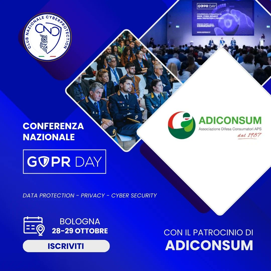 adiconsum's tweet image. 🛡️La protezione dei dati è un diritto dei consumatori! #Adiconsum patrocina il #GPDRDay2025, evento formativo su #cyberprotection, e sarà presente con uno stand espositivo.
📅 Quando: 28-29 ottobre
🌎Dove: Bologna - Grand Tour Italia
🔗shorturl.at/fMsAA

#tuteladati…