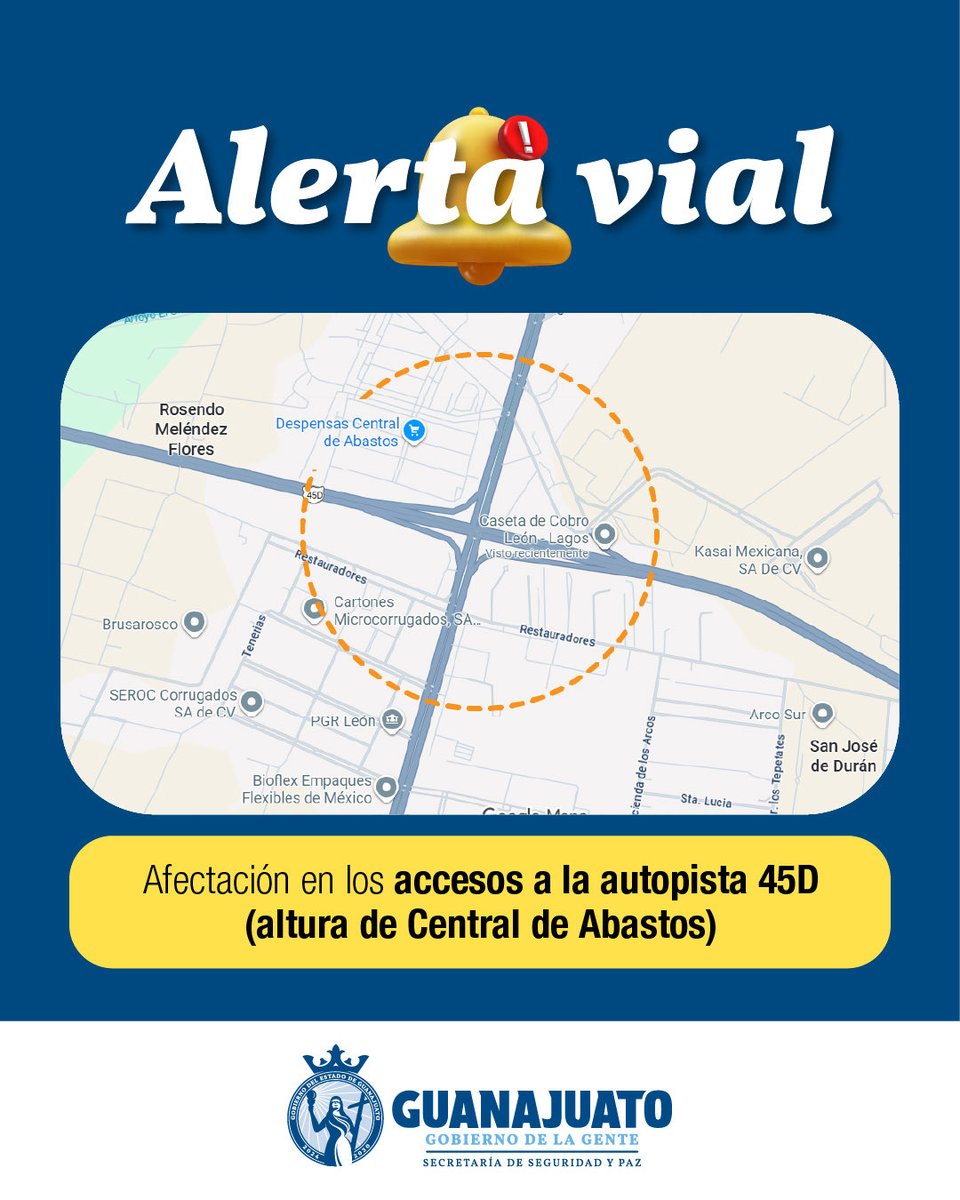 #AlertaVial 🚧 Se reporta cierre en los accesos a la autopista 45D en León - Aguascalientes y León - Salamanca, a la altura de la Central de Abastos. No hay paso hacia Aguascalientes ni Salamanca desde esta zona.

La afectación genera congestión vehicular. Se recomienda evitar el