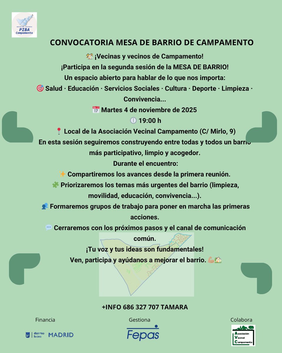 🟢 ¡Segunda Sesión de Trabajo de la Mesa Comunitaria de Campamento!
📅 Martes 4 de noviembre de 2025
🕕 19:00 h
📍 Local de la Asociación Vecinal Campamento (C/ Mirlo, 9)En esta sesión seguiremos construyendo entre todas y todos un barrio más participativo, limpio y acogedor.