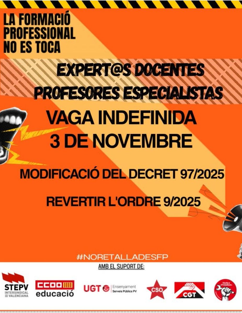 El professorat expert d’FP i especialista de règim especial iniciarà una vaga indefinida el pròxim 3 de novembre.

La vaga reclama la modificació del decret 97/2025 que retalla les seues condicions laborals.

stepv.intersindical.org/noticies/artic…

#Vaga3N

<a href="/IntersindicalV/">Intersindical_Valen</a>