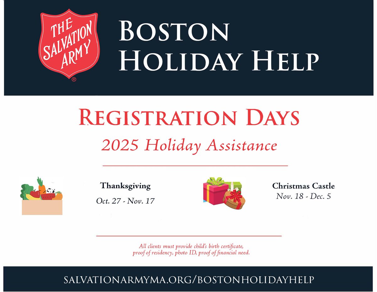 Registration is now OPEN for Boston Holiday Help! Starting today, eligible individuals and families in Boston can register for Thanksgiving assistance online or at their local Salvation Army location. Visit salvationarmyma.org/bostonholidayh…. You're not alone this holiday season.