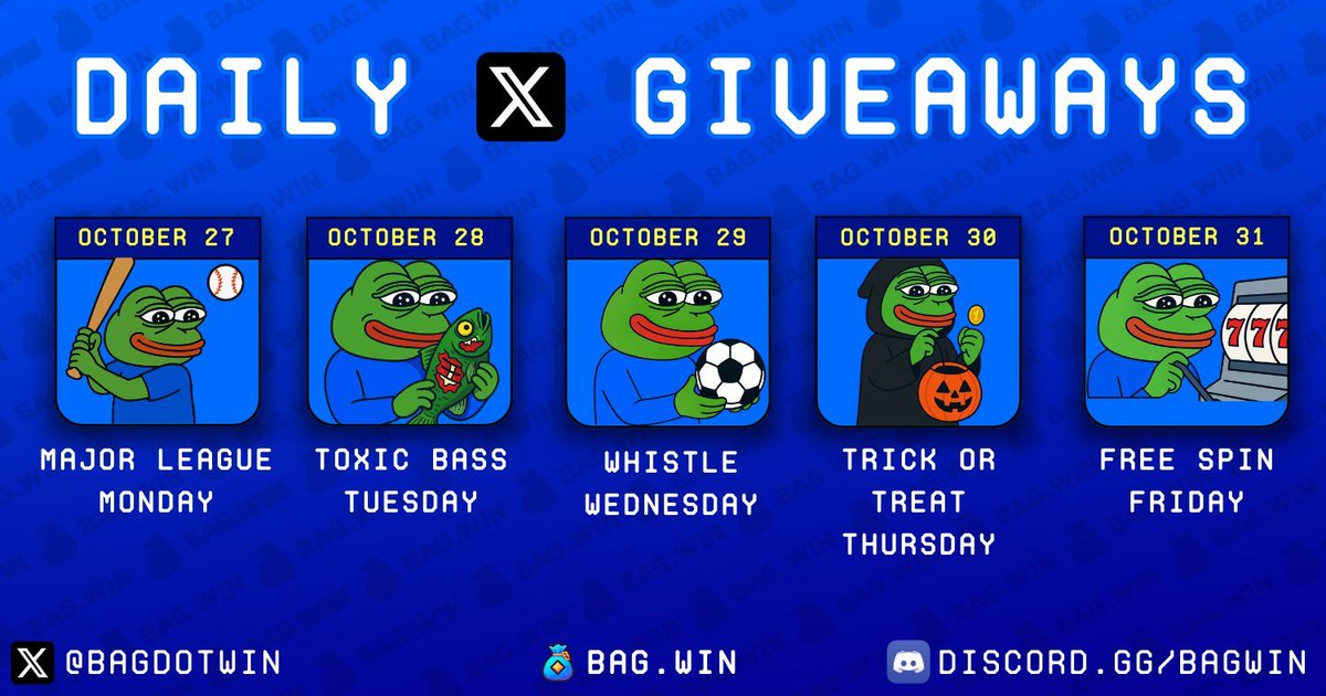 bagdotwin's tweet photo. 🚨 Week of Oct 27th X Giveaways Lineup 🚨

Spooky season is here! 🎃 
Take your shot each weekday to win Casino USD, Sportsbook Freebets, and Free Spins 💸

🔁 RT to enter for 25 Free Spins!

Congrats to last week’s winner @BetsSvn - 💰secured! https://t.co/EgTglheP78