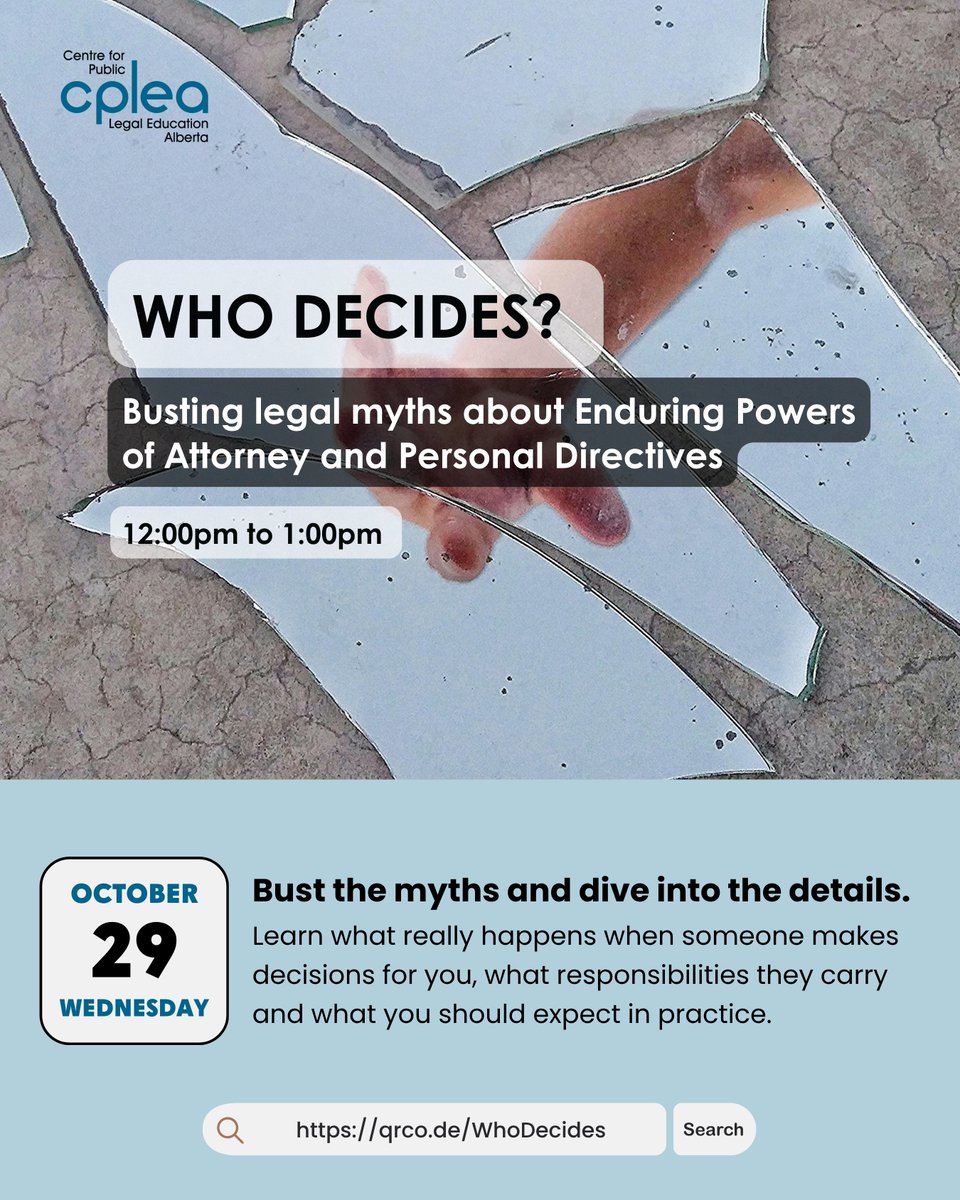 📣 Happening This Wednesday!

Join CPLEA for a free one-hour webinar where we’ll bust some of the myths surrounding Enduring Powers of Attorney and Personal Directives.

Learn what really happens when someone makes decisions for you — what responsibilities they actually have, and