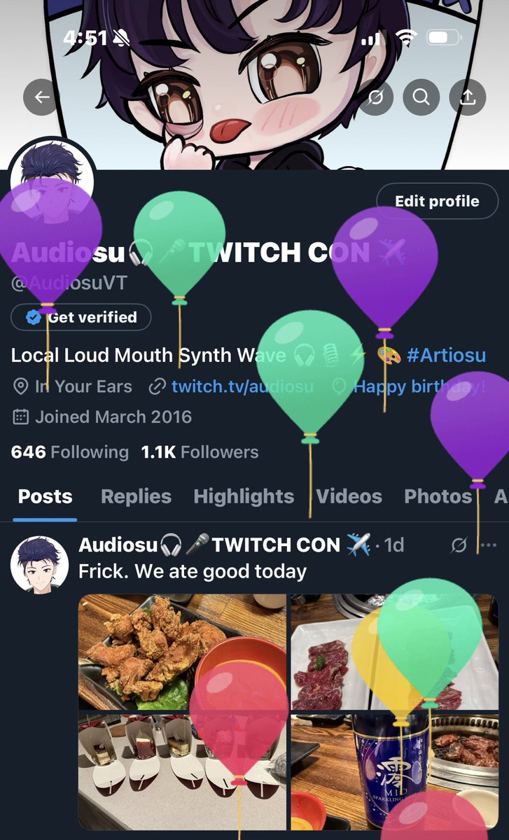Another year another balloon. 

💜appreciate all the people in my life, and a big shout out to <a href="/AzuraelVT/">RaelAzu</a> &amp; <a href="/MariVtuber/">Mari Yume⚠️💤</a> as well as all my other house mates at Twitch Con for throwing that amazing birthday party. 

Blowing out my candles and wishing for the best