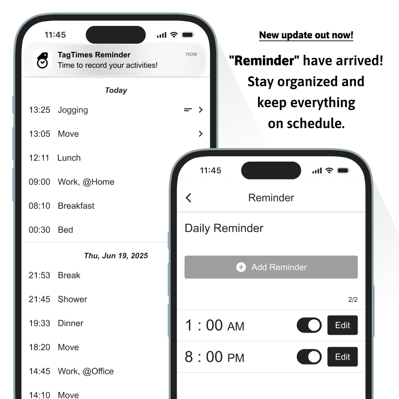 TagTimes_App's tweet image. ⏰ Introducing the new "Reminder" feature!
Set reminders so you never forget to record anything.
#TagTimes #TimeTracking #LifeLogging #ProductivityApp

iOS: apps.apple.com/app/tagtimes/i…
Android: play.google.com/store/apps/det…