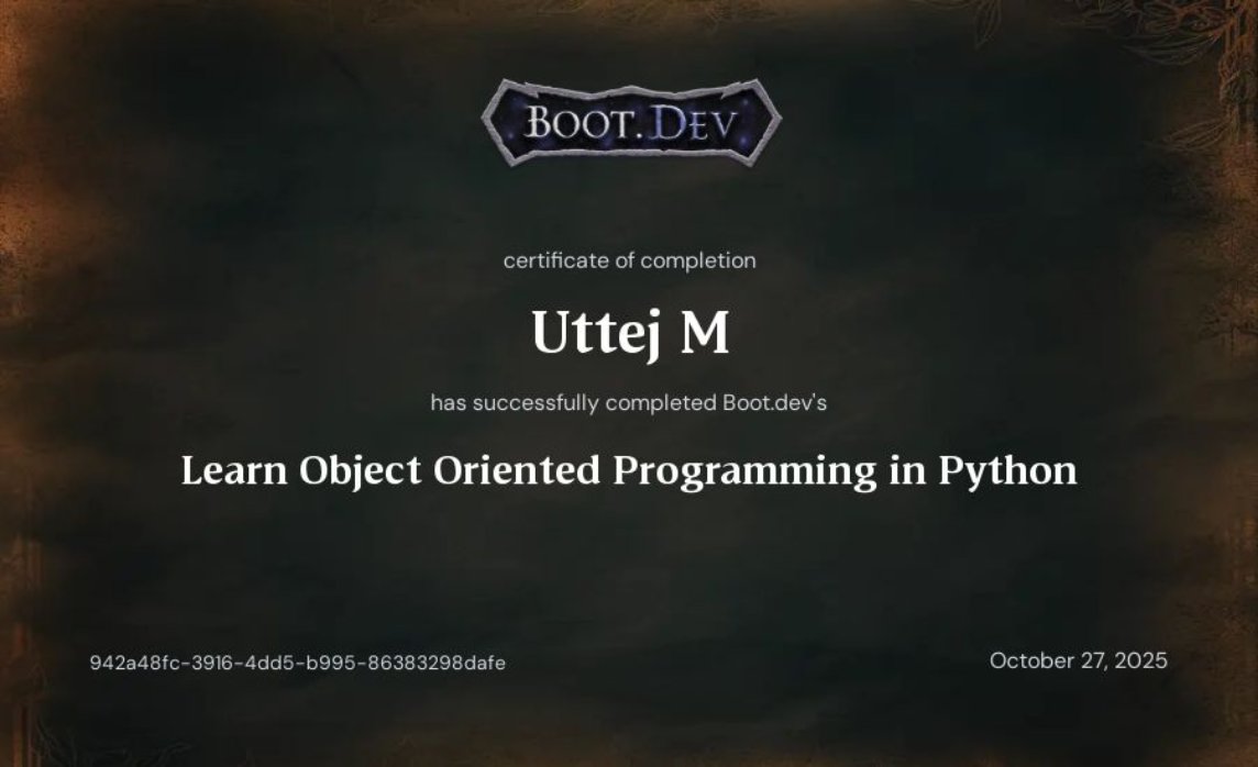uttej_m's tweet image. Day 39 of #100DaysOfCode 🐍🎓
I just completed the "Learn Object-Oriented Programming in Python" course on @bootdotdev! Check out my certificate here: boot.dev/certificates/9…
Mastered core concepts: Encapsulation, Abstraction, Inheritance, Polymorphism
#Python #OOP #Coding…