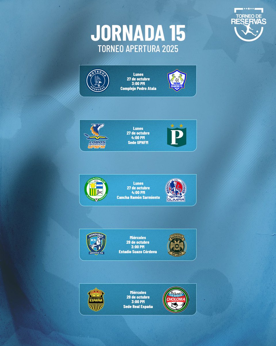 ¡JORNADA 15 RESERVAS! 👦🏻⚽️

Los juegos de la #Jornada15 del #TorneoApertura 2025-2026 del #TorneoDeReservas con los horarios oficiales.
