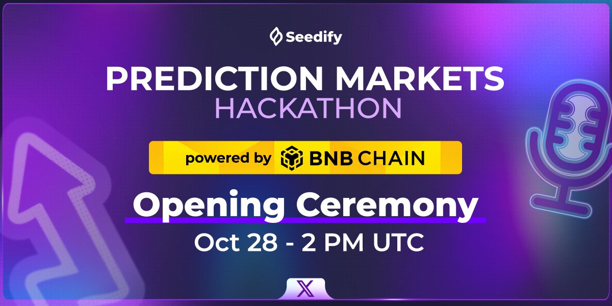 Tomorrow, Seedify's Prediction Markets Hackathon, powered by @BNBChain, officially kicks off!

Join us LIVE for the Opening Ceremony, where we’ll explore why Prediction Markets are among the most exciting narratives in Web3 and what makes this Hackathon a true opportunity for
