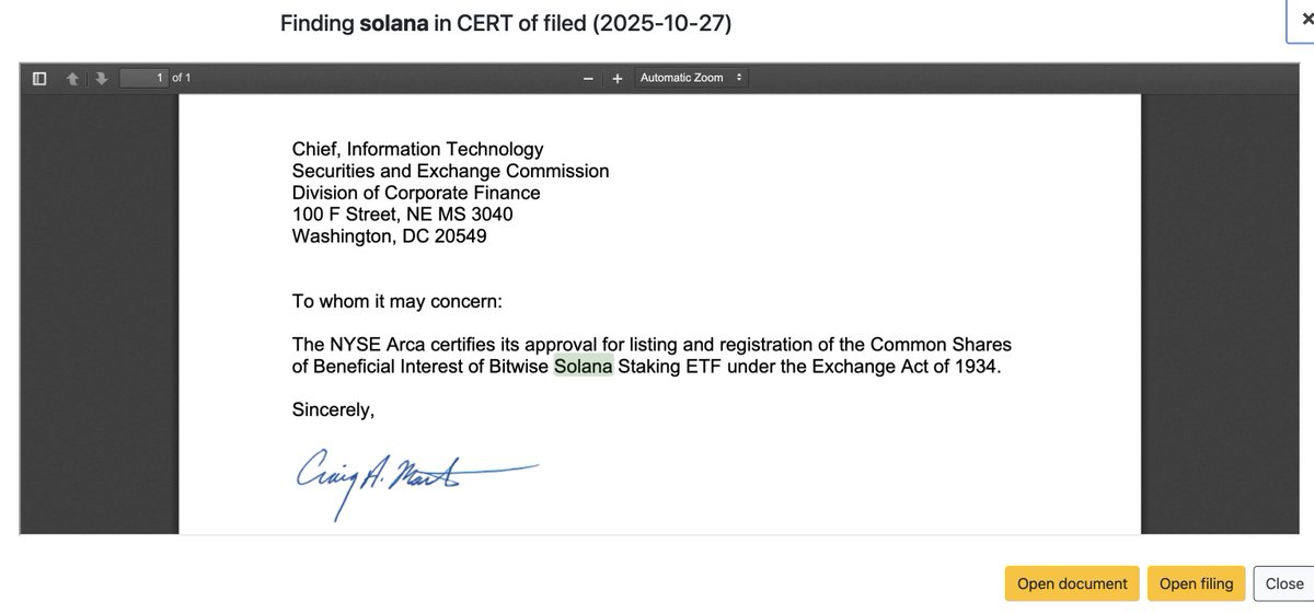martypartymusic's tweet image. Breaking: As I said last week, the NYSE has approved the @BitwiseInvest Staking @Solana ETF. The CERT is signed and filed with the @SECGov. Trading will begin on government reopening. 

CERT is signed. 

&quot;Chief, Information Technology Securities and Exchange Commission Division…