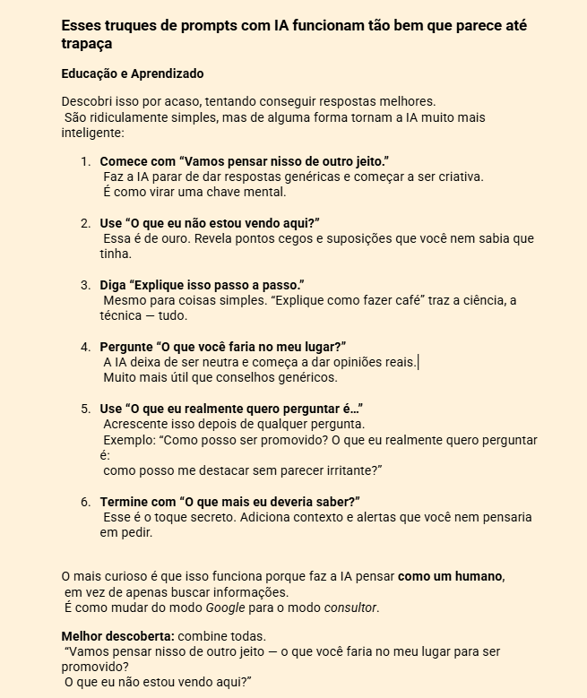 TextoCriativo's tweet image. Achei que sabia usar o ChatGPT… até testar essas 6 frases.
Agora ele responde como se tivesse cérebro próprio.
x.com/TextoCriativo/…