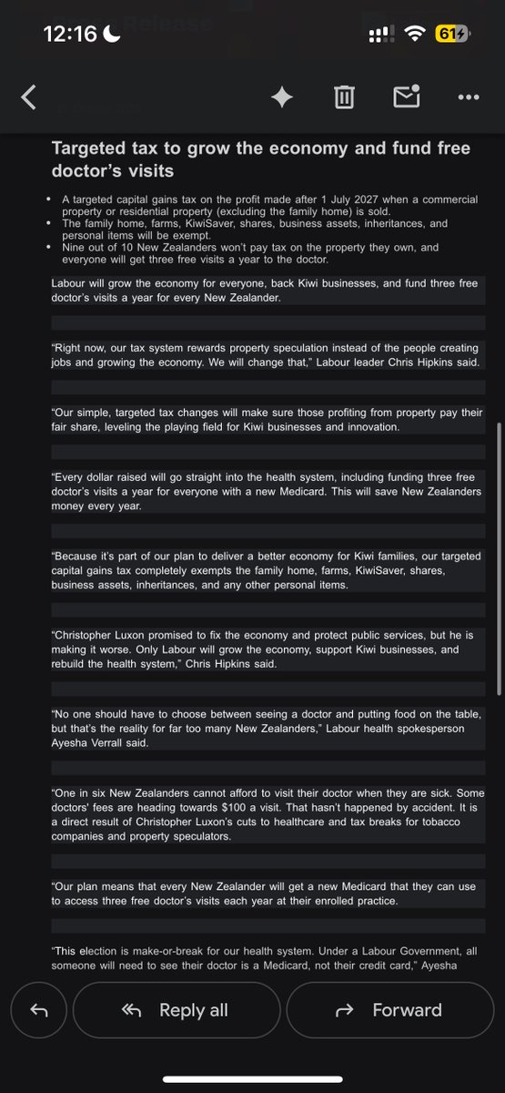 BREAKING: Labour have just dropped their tax policy and it’s a tight CGT:
- 28% on profit after 2027 for residential and commercial property 
- Family home, KiwiSaver, farms, financial assets excluded 
- Would pay for a medicard for three free GP visits a year
