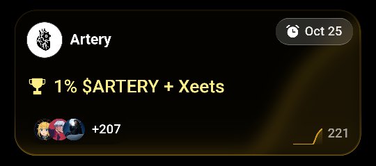 🧵 $ARTERY is Loading.......

The official $ARTERY TGE &amp; Listing will be  on October 30th, 2025

🚨🚨<a href="/Artery_Chain/">Artery Chain</a> Tournament is live on <a href="/xeetdotai/">xeet</a> 

Top 100 creators share 1% of $ARTERY total supply.🪂🪂

🔥🔥Bonus: Top 50 also earn WL for Artery Genesis NFT

✅Join:👇