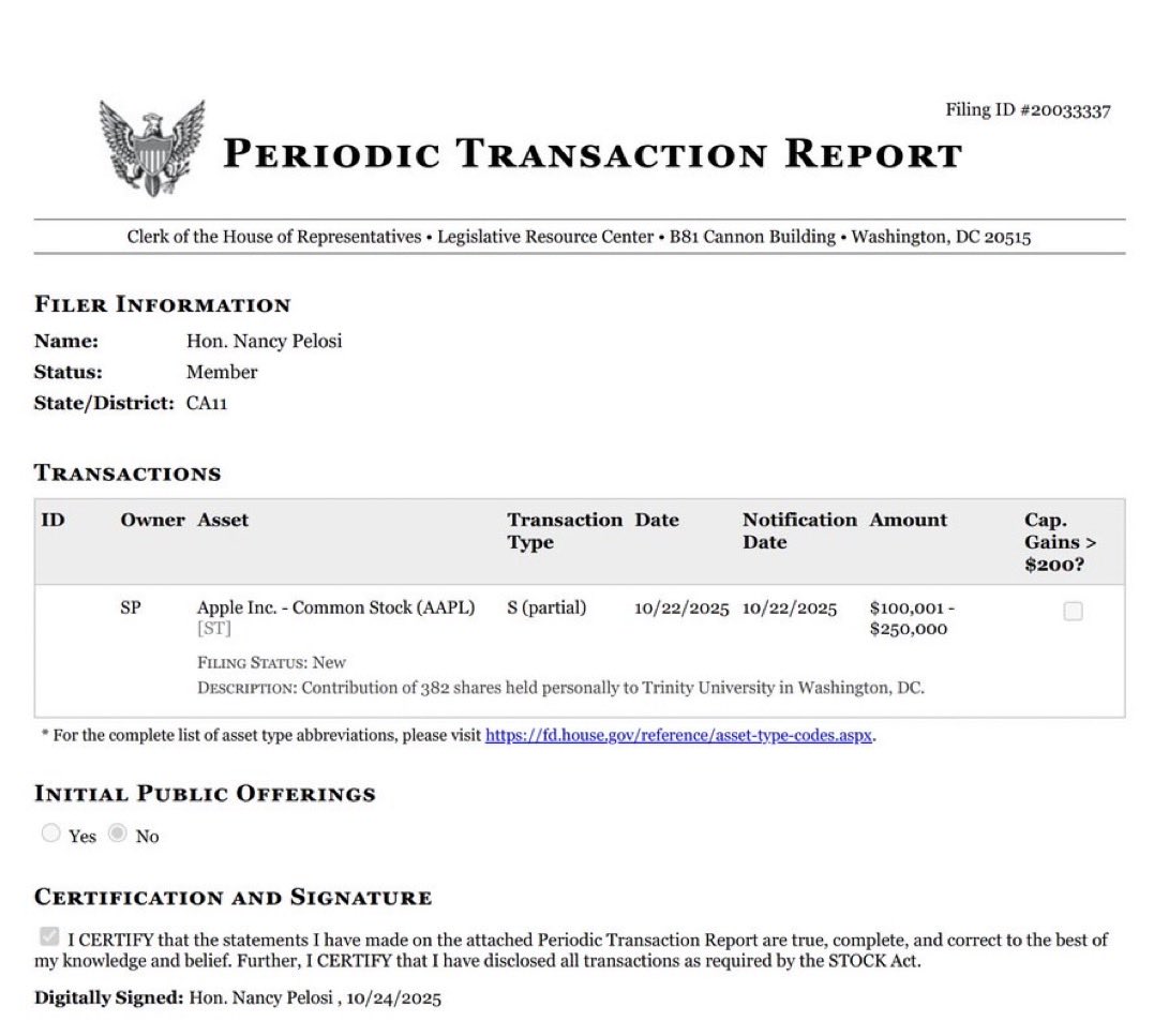 JacobKinge's tweet image. BREAKING: Nancy Pelosi and her husband have sold up to $250K of Apple $AAPL shares.