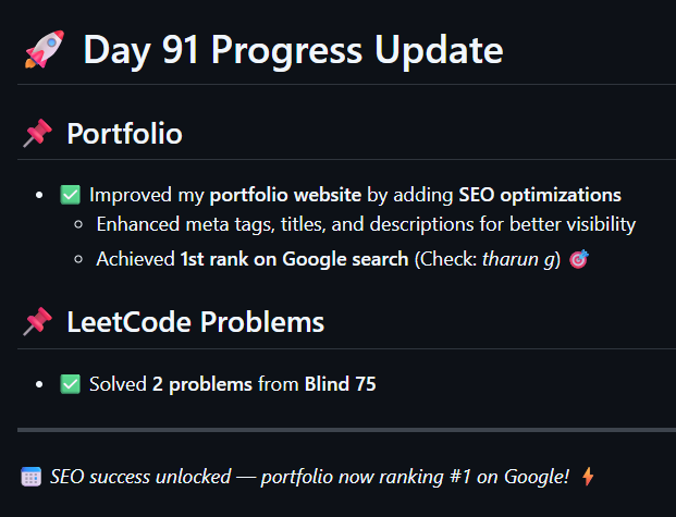 _Tharun_G's tweet image. #Day91 update:
- Improved my portfolio by adding SEO and making them rank 1st in google search(Check -> tharun g) 
- LeetCode: Two Coding problems from Blind 75
#100daysofcodingchallenge #LeetCode #Blind75 #DSA #WebDevelopment