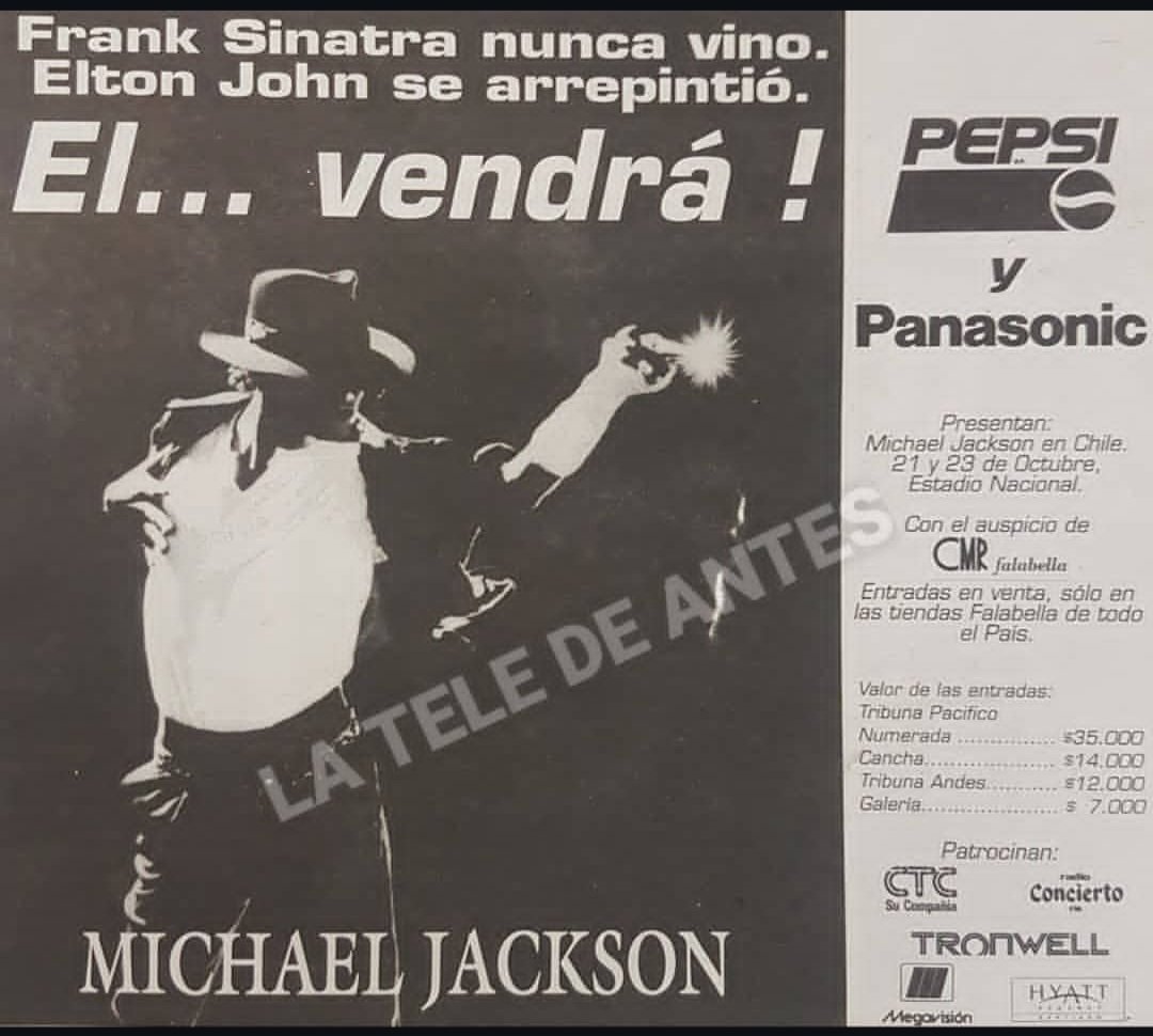 teledeantes's tweet photo. En octubre de 1993, Michael Jackson vino a Chile a dar un concierto en el Estadio Nacional.

Las entradas costaban de $ 7.000 a $ 35.000, que corregidos por inflación son $ 26.000 a $ 132.000 de hoy. https://t.co/jvj4nniRsT