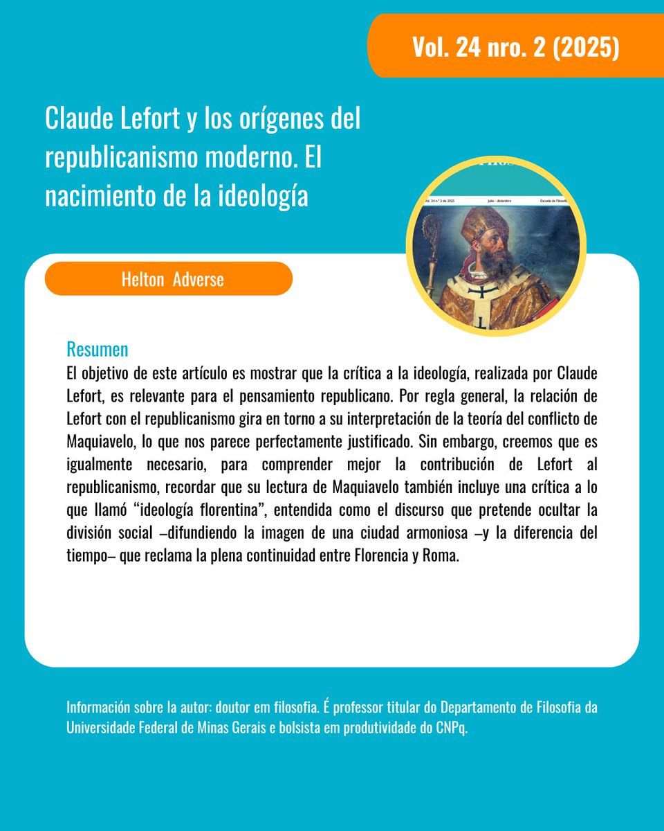 RevFilosofiaUIS's tweet photo. 📚Recomendación semanal📚

Adverse, H. (2025). Claude Lefort y los orígenes del republicanismo moderno. El nacimiento de la ideología. Revista Filosofía UIS, 24(2), 79–97. 

https://t.co/AnGkfOB0y7

#ClaudeLefort #filosofia #philosophy https://t.co/GD2ldfv7K5