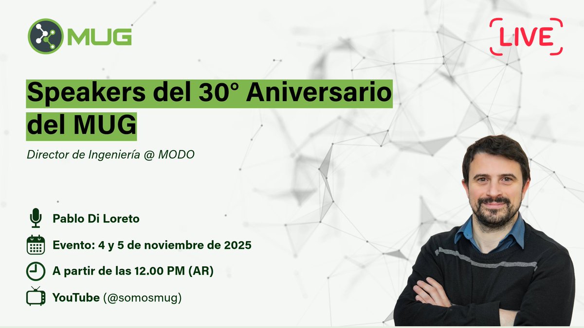 🎙️ ¡Celebramos los 30 años del MUG!

Conocé a <a href="/soydiloreto/">Pablo Ariel Di Loreto</a> uno de las speakers del #MUG30Años 🎉

📅 4 y 5 nov 2025

💻 En vivo por YouTube → <a href="/somosmug/">MUG IT</a>

🔗 Inscribite gratis →mug.org.ar/eventos/30-ani…

#ComunidadTech #Microsoft #CharlasTech