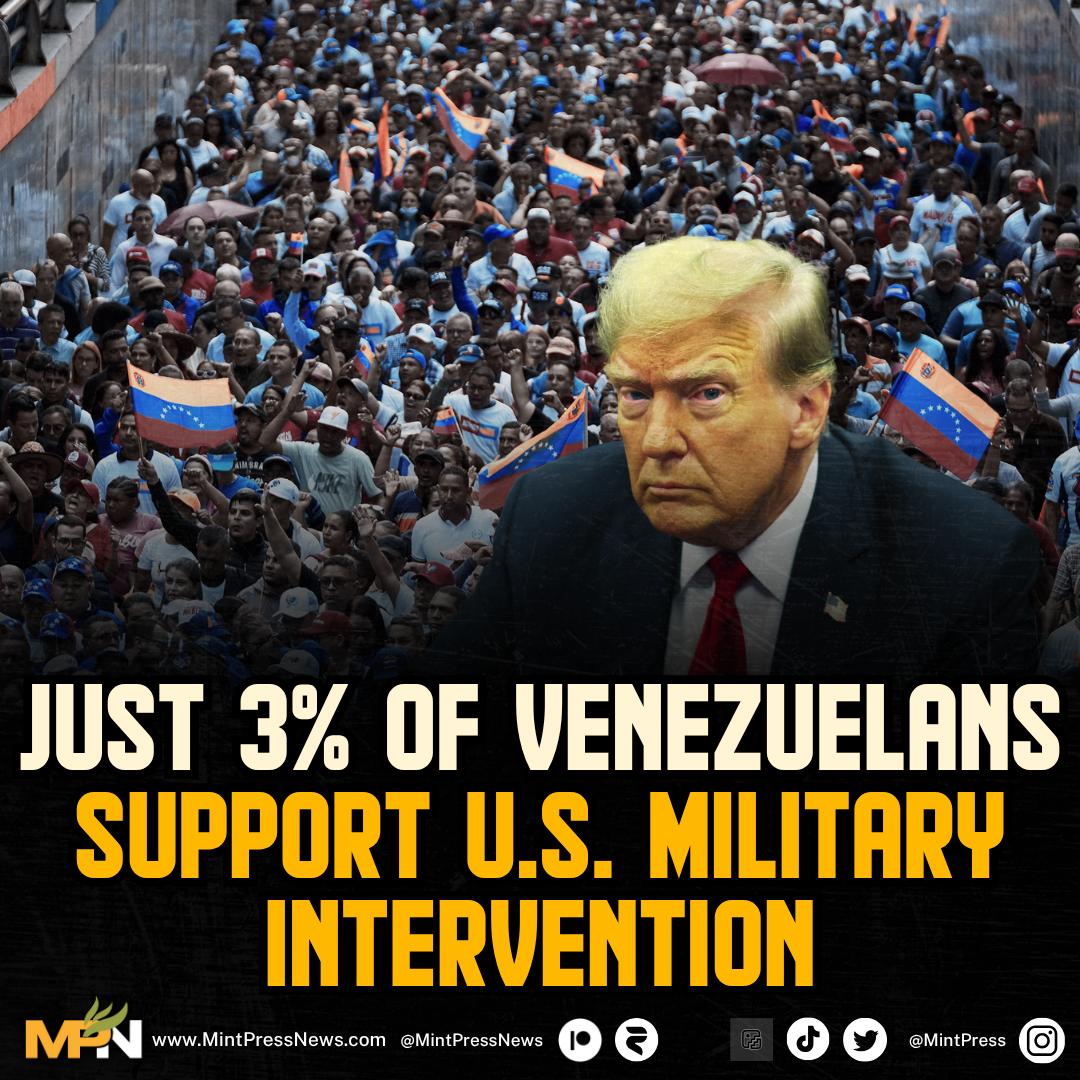 MintPressNews's tweet photo. A new poll from an opposition-aligned agency reveals that only 3% of Venezuelans support U.S. military action against their country.

Opposition leader, Maria Corina Machado, who was recently awarded the Nobel Peace Prize, has sparked widespread anger by calling for American boots on the ground to remove Maduro from power.

The poll comes as the US prepares for a potential attack on the Caribbean nation, who has been ruled by a socialist government since the election of Hugo Chavez in 1998.

Millions of Venezuelans have volunteered for civilian-military militias to defend their government and country, raising the prospect of any action turning into another Vietnam for the U.S.