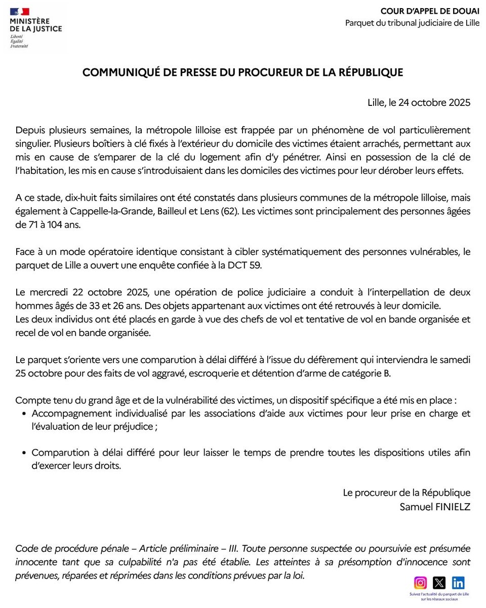 [Communiqué de presse] Vol de boîtes à clé au préjudice de #victimes âgées et vulnérables - mis en place d'un dispositif spécifique avec les #associations d'aide aux #victimes pour les accompagner.
➡️Placés en détention provisoire, les 2 mis en cause comparaitront le 10.12.25.