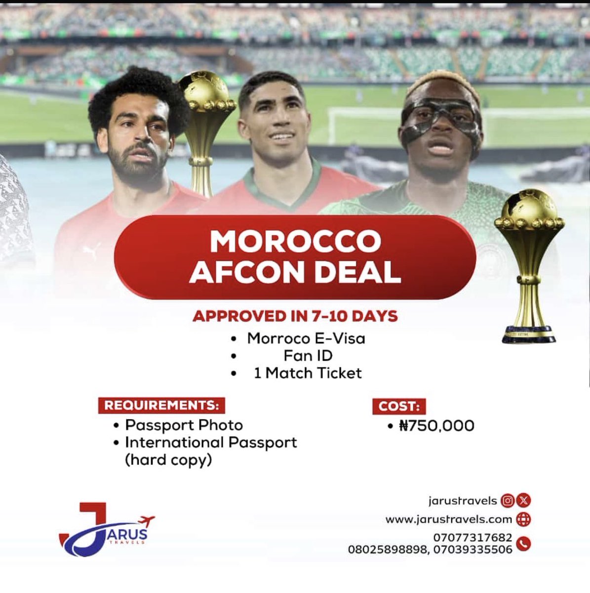 <a href="/JarusTravels/">Jarus Travels</a> is offering you a chance to go support The Super Eagles in Morocco come December at a very affordable price. DM them now for more enquiries. See you all in Morocco🕺🏾🫱🏾‍🫲🏿