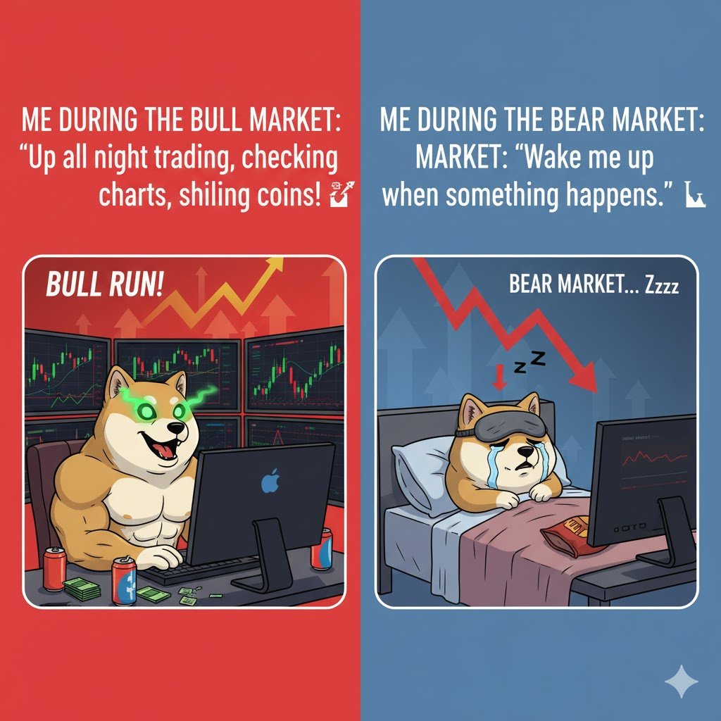 During the bull market: "Up all night trading, checking charts, shilling coins!" 📈🚀

Me during the bear market: "Wake me up when something happens." 😴📉

#CryptoLife #BearMarket #HODL 

Hint* gotta be up all night soon #Tothemoon