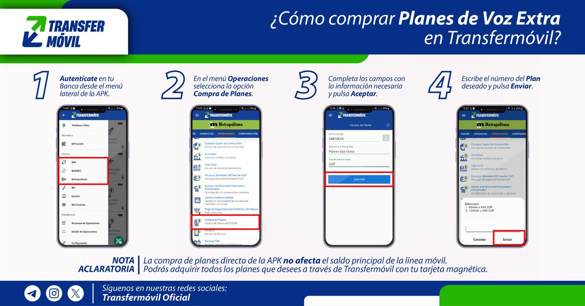 ¡Nuevos #PlanesDeVoz! ¡Cada conversación cuenta! 🗣️📱

Ahora puedes comprar, desde Transfermóvil, planes con #más_minutos, sin consumir tu saldo móvil 👇👇: 
 
📌 80 minutos x 480 CUP
📌 120 minutos x 690 CUP 

Puedes adquirirlos tantas veces desees en el mes. 😉