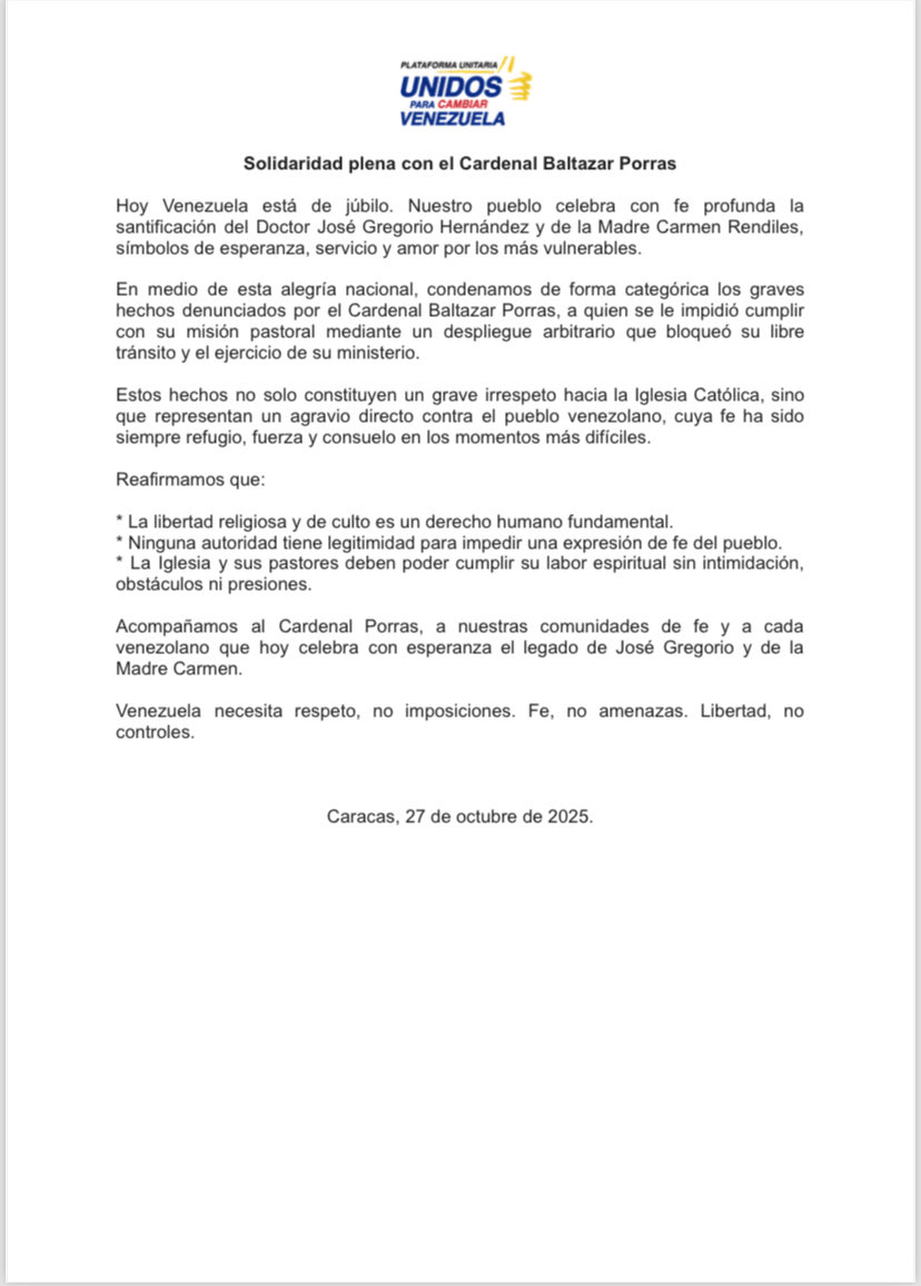 unidadvenezuela's tweet image. #Comunicado Expresamos solidaridad plena con el Cardenal Baltazar Porras y rechazamos cualquier intento de limitar la libertad religiosa.

Venezuela necesita respeto, fe y libertad.